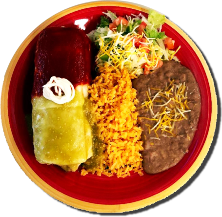 A plate featuring a burrito, rice, and beans, served at a Mexican restaurant.